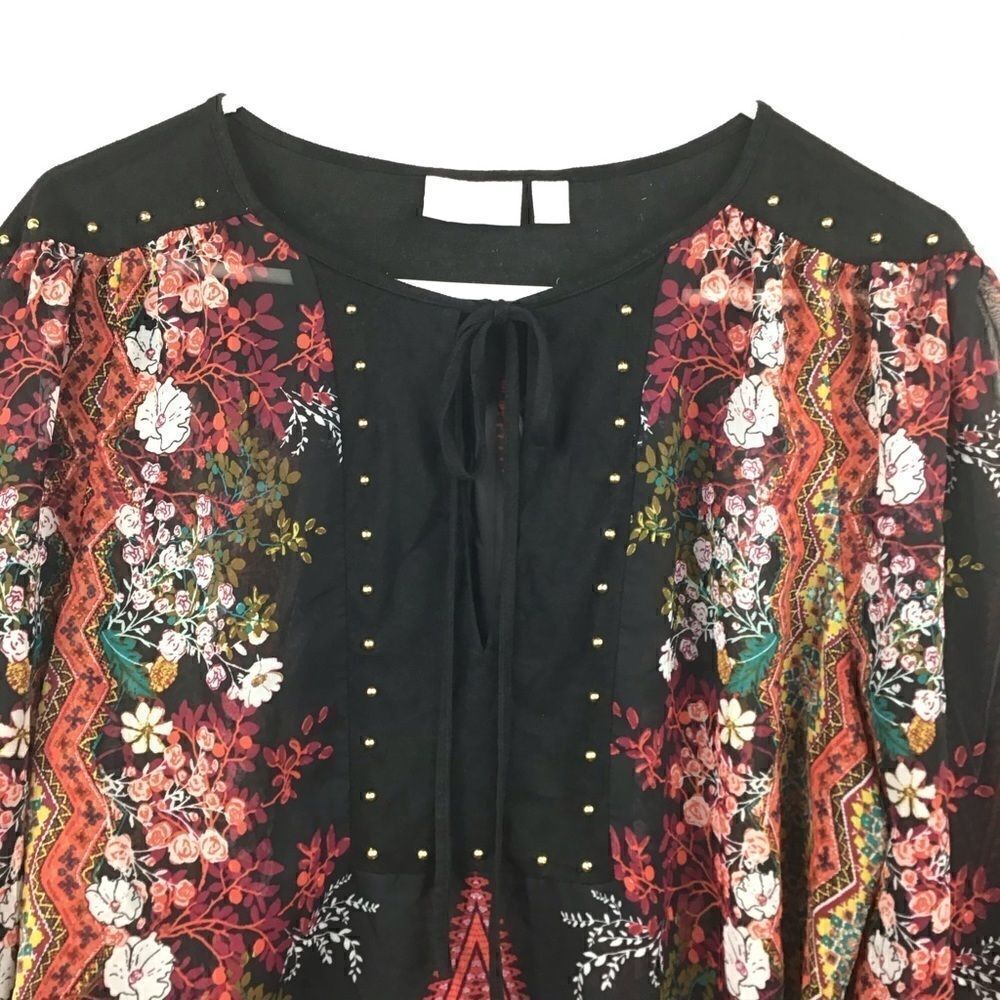 Bisou Bisou Peasant Blouse Black‎ & Red Floral Boho Ties, Size  Medium - Picture 3 of 8